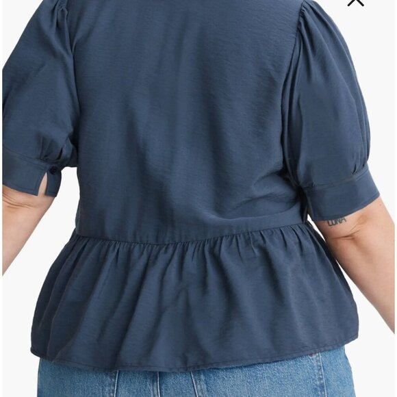 Madewell Women's Size 4X Navy Blue Drapeweave Puff Sleeve Peplum Top - Picture 3 of 13